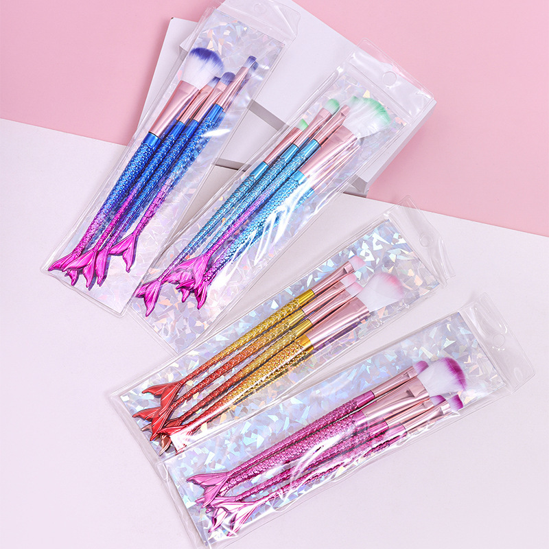 Set de brochas de maquillaje de sirena transfronterizo con color degradado para ojos, incluye brocha para polvos, brocha para sombras de ojos, brocha para cejas, brocha de maquillaje en forma de cola de pez.