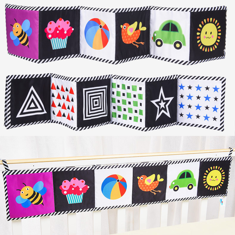 Baby crib play mat with sound paper and fabric book: Black-and-white cartoon design, early learning toy—safe for chewing and kicking.