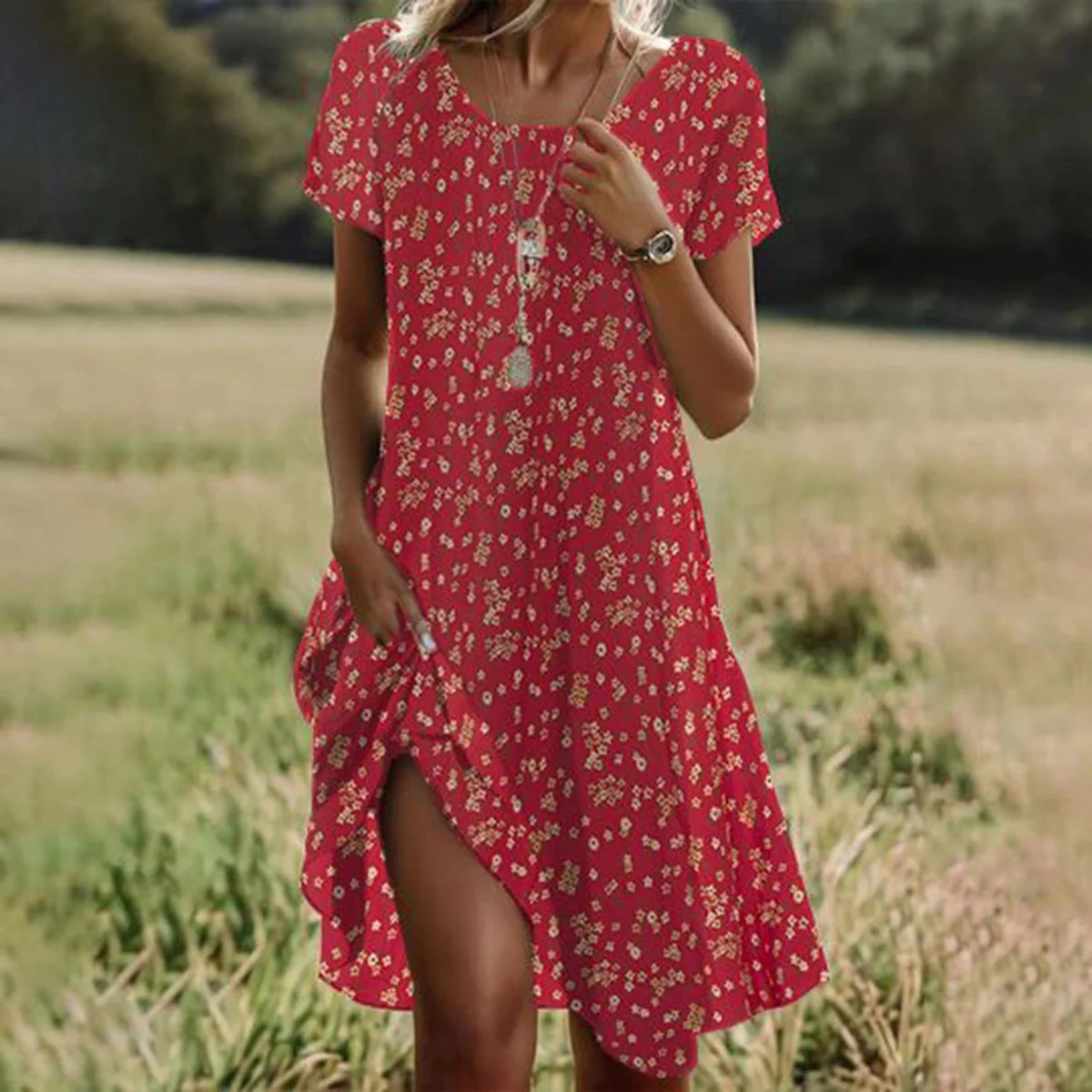 Summer Cultural And Ethnic Style Round-Necked Mid-Length Dress_ecoleips.com