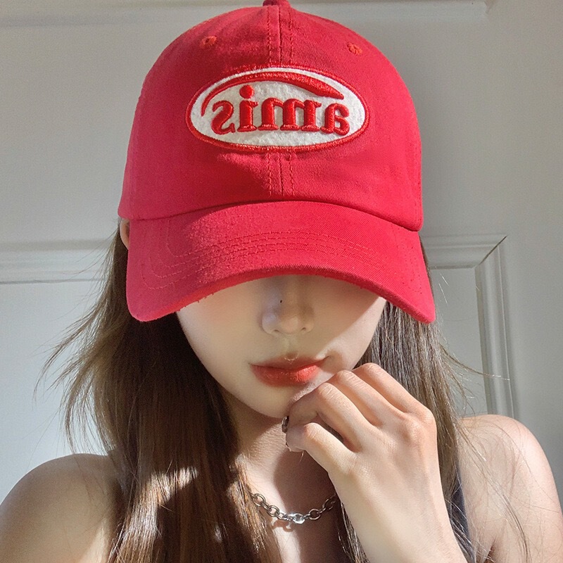 Korean Amis Red Baseball Cap for Women, Spring and Summer Casual Embroidered Versatile Soft-Top Large Head Circumference Duckbill Cap for Men