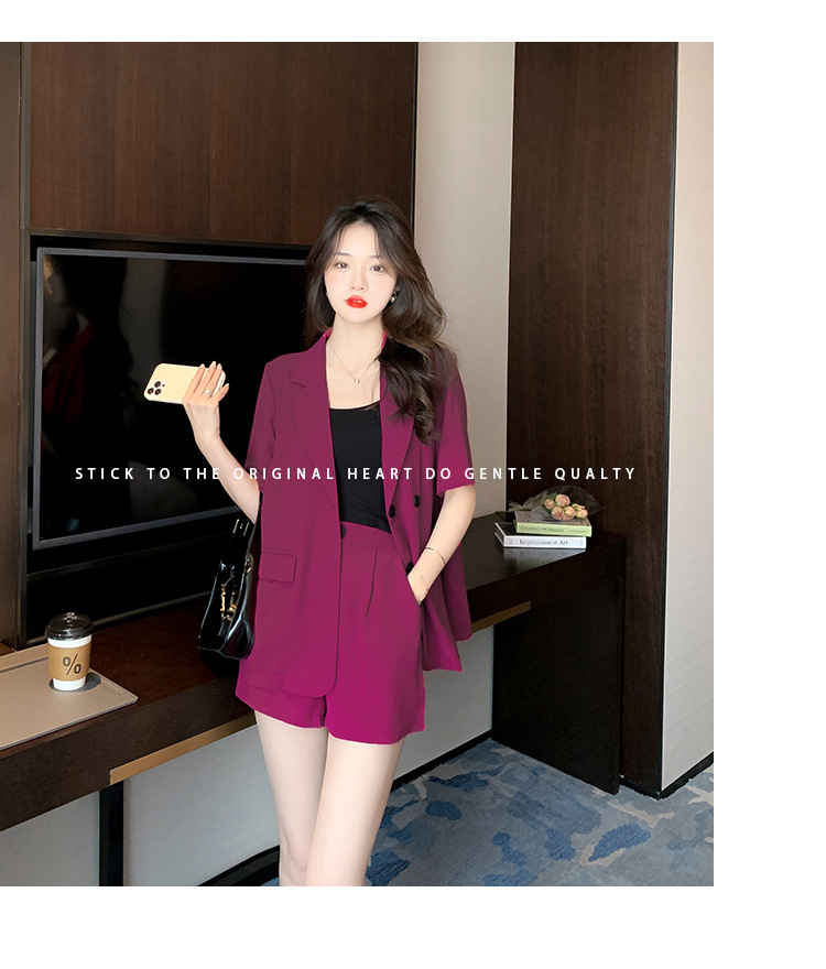 【中国直邮】HEY+JEANS 夏季新款气质短袖西装外套+高腰短裤两件套 玫红色 S