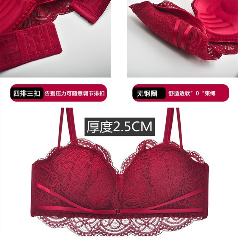 Traje de ropa interior roja inalámbrica para mujer Sujetador push up engrosado ajustable anti-flacidez sujetador pequeño 3040