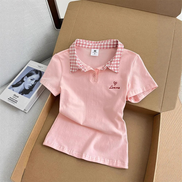 Fuchsia colored summer fashionable design brand short sleeve T-shirt