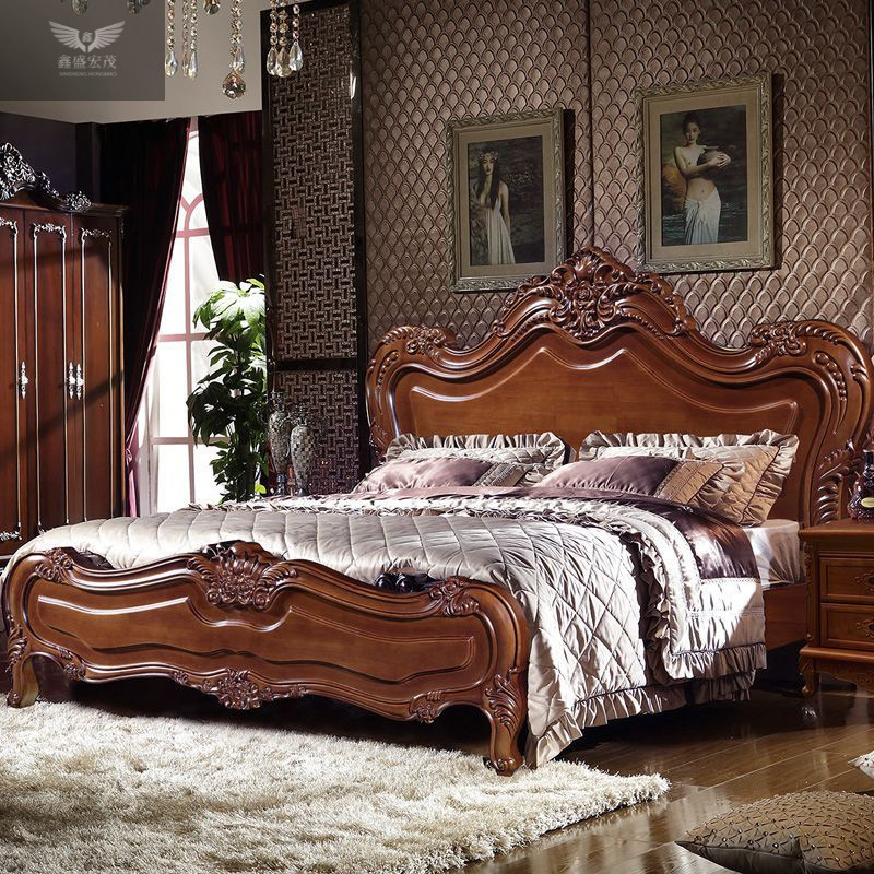 Cama de madera maciza de estilo europeo directamente de fábrica, cama doble clásica americana tallada, cama de matrimonio de 1.8 metros, cama grande, venta al por mayor.