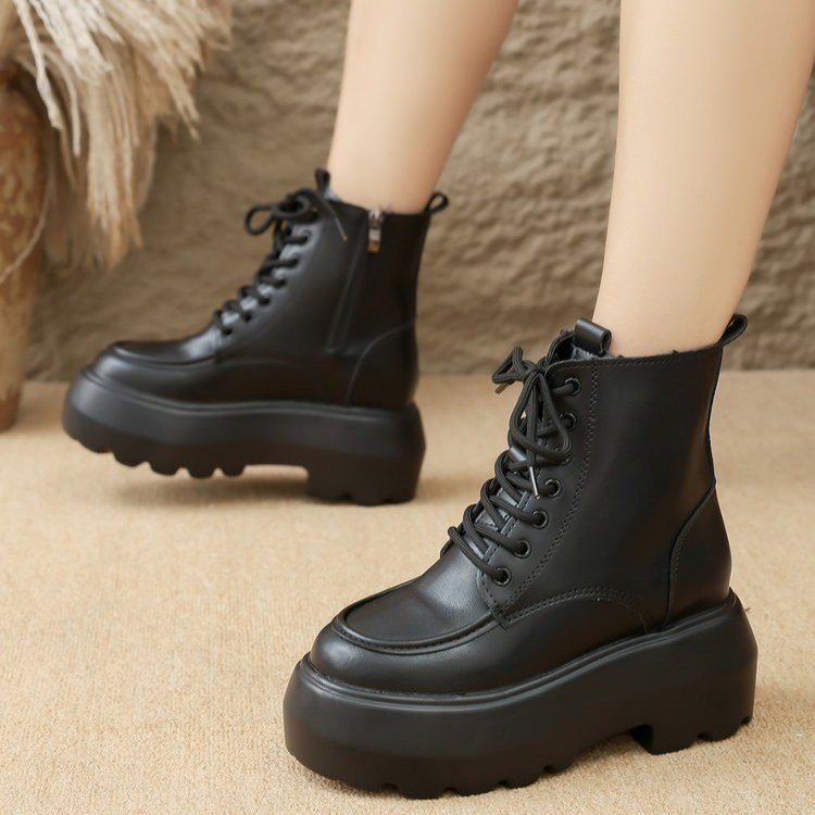 秋冬季新品厚底松糕底内增高系带女士高跟短靴单鞋女鞋