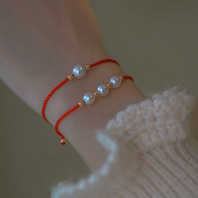 Woven adjustable red rope bracelet pearl handmade