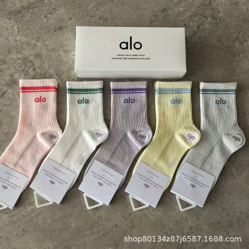 新品alo男女5双盒装运动短袜四季吸汗纯色网眼棉袜时尚男女情侣袜|undefined