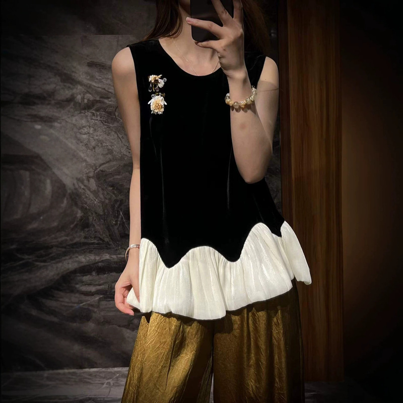 Silk Velvet French Embroidery Vest Top, Color-Blocked Round Neck Sleeveless Daily Commute French-Style Elegant Blouse 01