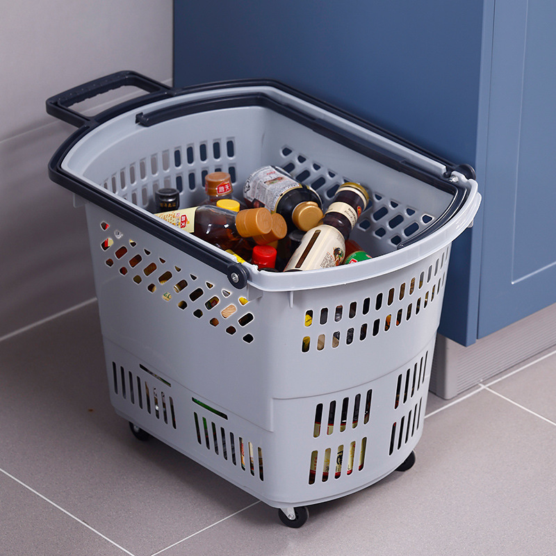 Supermarket shopping basket large chain supermarket plastic thickened basket four-wheel plastic trolley portable shopping basket