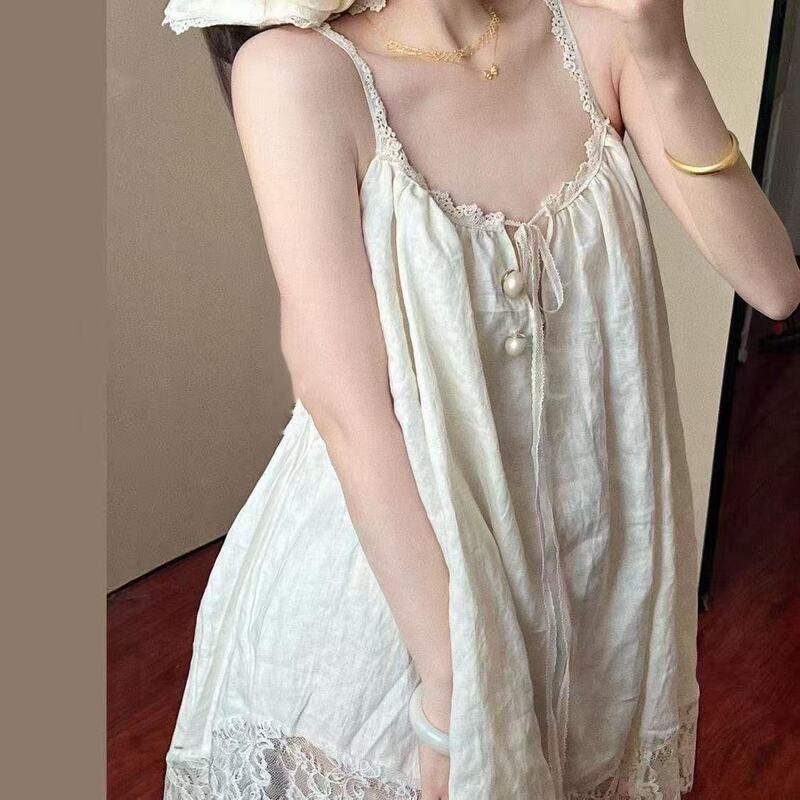 Large Size French Palace-Style High-End Lace-Trimmed Camisole Nightgown for Women, Summer Loose-Fitting Home Dress That Can Be Worn Outside