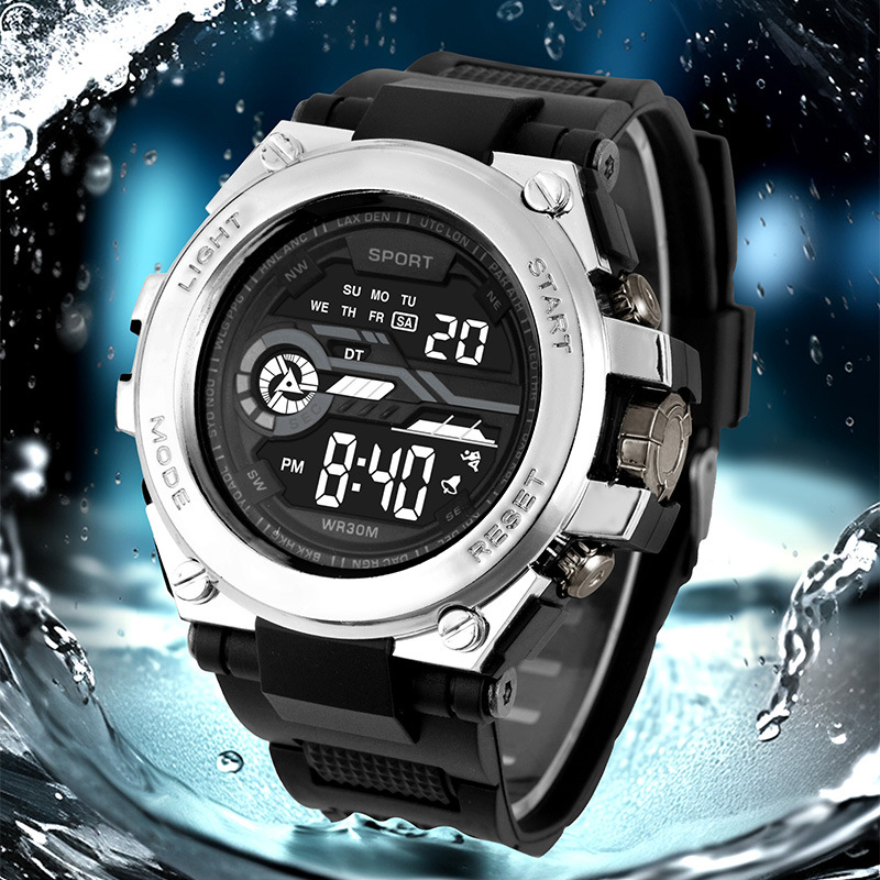 Cross-border dedicado hombres electrochapados reloj electrónico de moda multi-función de alarma luminosa deportes reloj electrónico