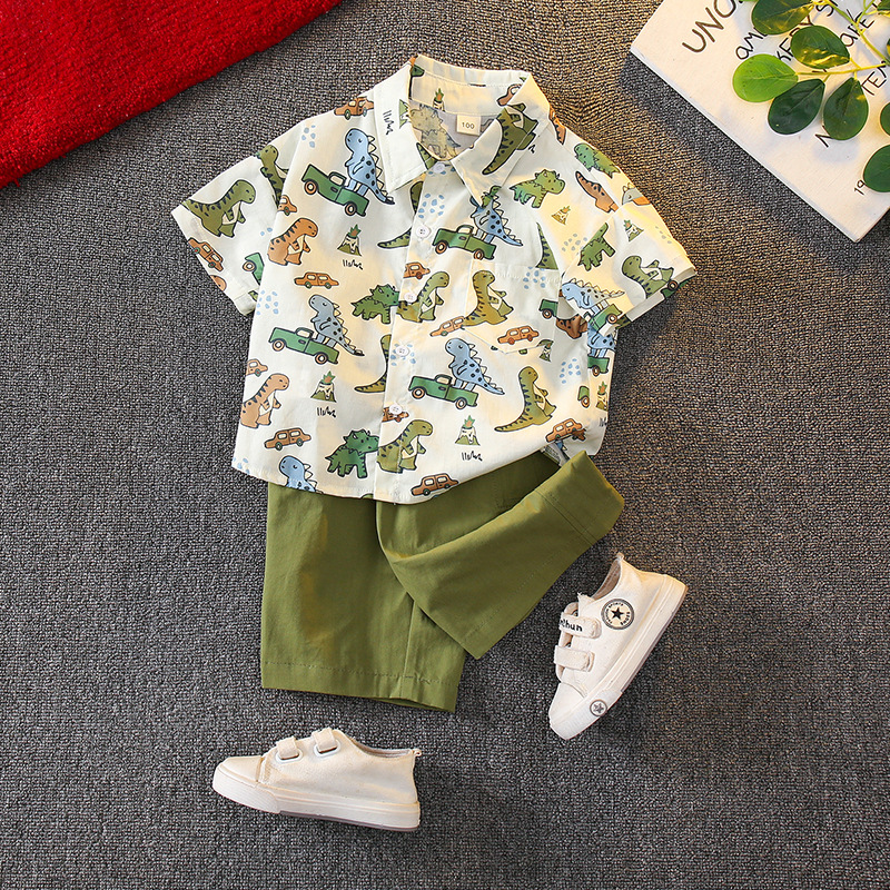 Boys' Summer Cartoon Shirt Set 2026 New Stylish and Fashionable Toddler Summer Outfit Dinosaur Bear Short-Sleeve Two-Piece Set