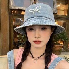 珍珠蝴蝶結漁夫帽子女夏季百搭遮陽防曬盆帽水桶帽