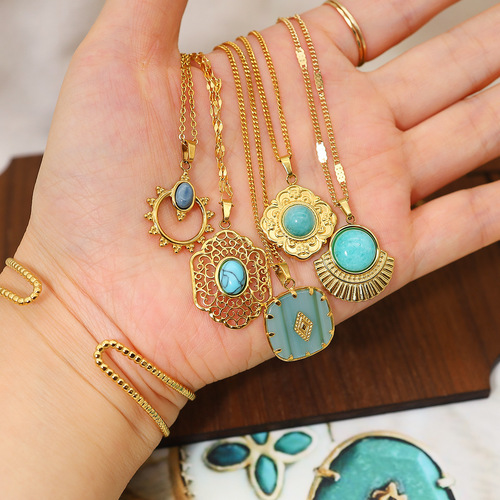 New blue natural stone geometric pendant necklace, retro palace style hollow carved clavicle chain, titanium steel necklace