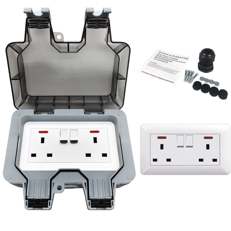 防溅水双联13A英标英式插座IP66防溅防暴雨户外充电排插电源插座