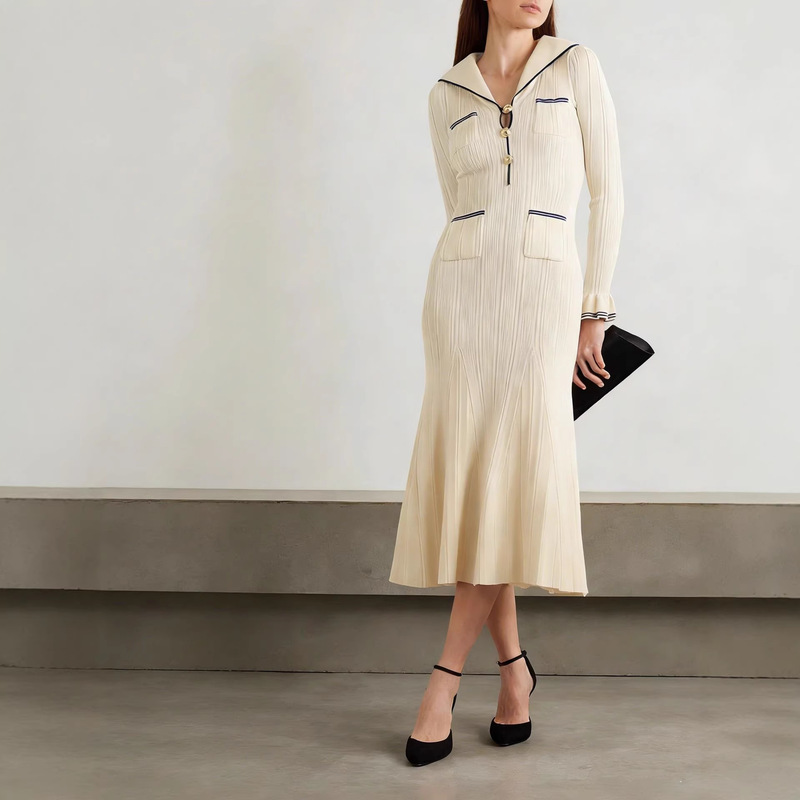 25 Autumn and Winter Designer Trendy Brand Navy Collar Contrasting Color Fashionable Slim Fit Hip-Hugging Lotus Leaf Sleeve Knitted Dress