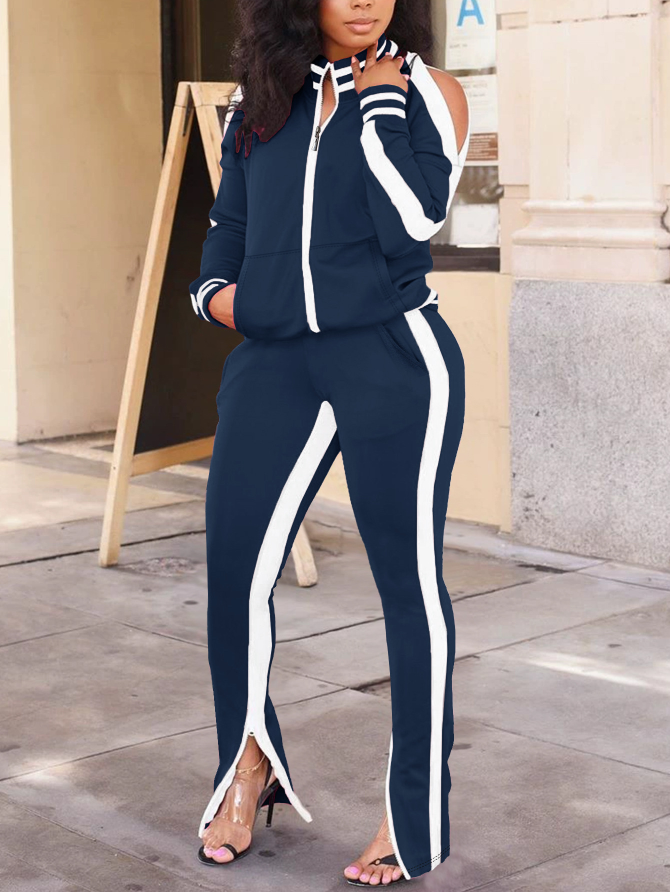 Women's Long Sleeve Round Neck Top With Pants 2-Piece Set Side Striped Casual Outfit Comfortable Daily Wear_ecoleips.com