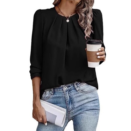 2024 Autumn/Winter Amazon AliExpress New Arrival V-Neck Pleated Casual Outwear Commute Long Sleeve Button-Down Shirt
