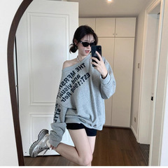 美式辣妹斜肩长袖t恤卫衣女早秋季2025新款宽松慵懒风设计感上衣
