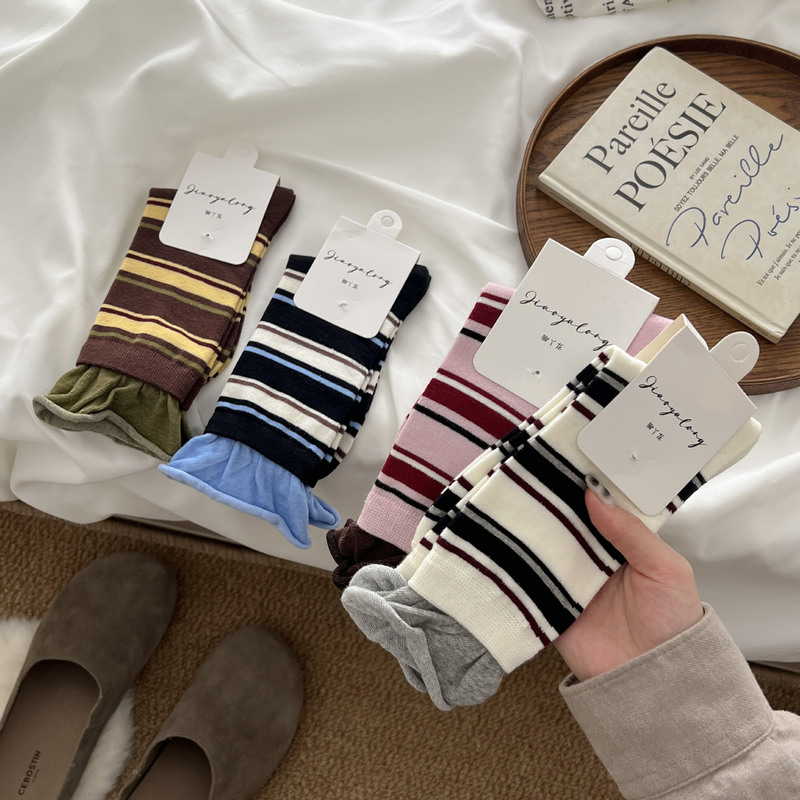 Korean Style Contrast Color Striped Socks for Children Dongdaemun Autumn and Winter New Color Matching Lace Double-Layer Piled Socks with Birkenneth Shoes