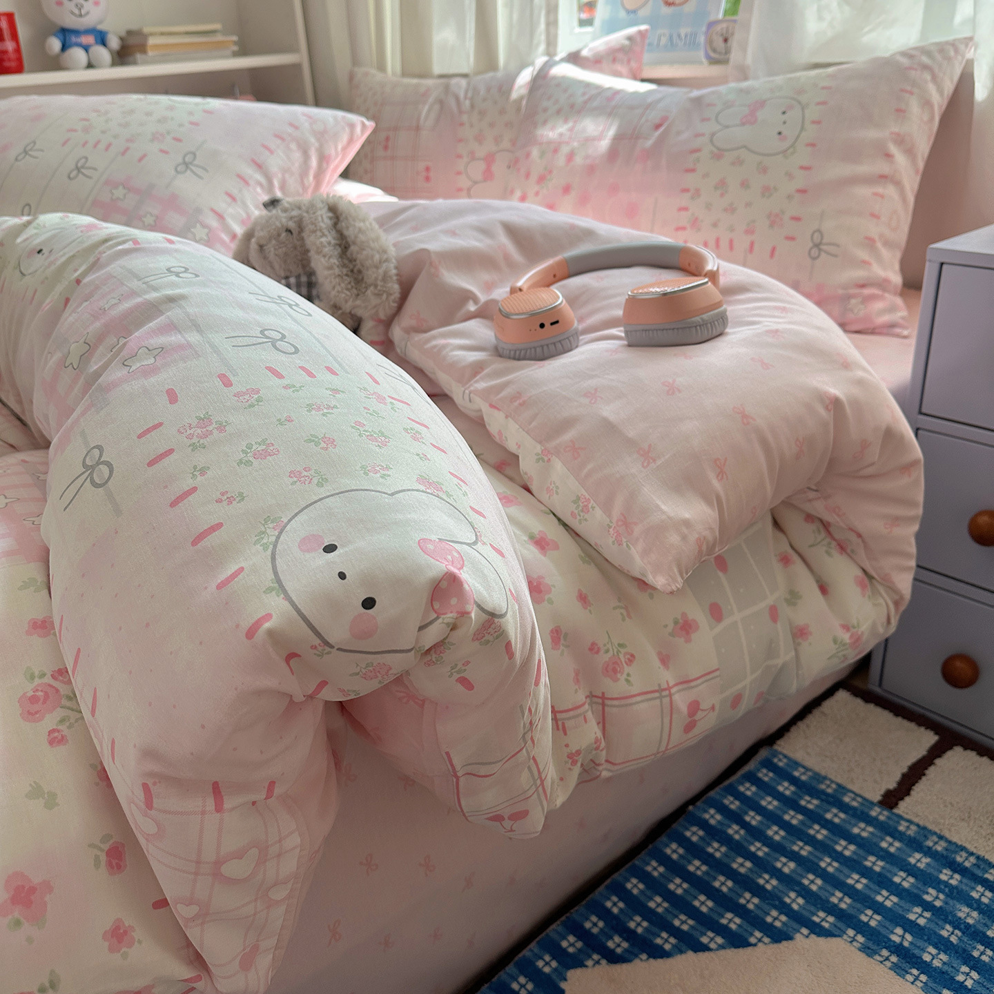 Conejo de Flores (¡Recomendado!) / Juego de sábanas de 1,2 m de tres piezas [funda de edredón 150*200cm sábana de cama 180*230cm funda de almohada 48*74cm * 1]
