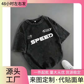 女士Y2K重磅T恤 - 复古水洗做旧黑色短袖上衣，带SPEED图案与卡通