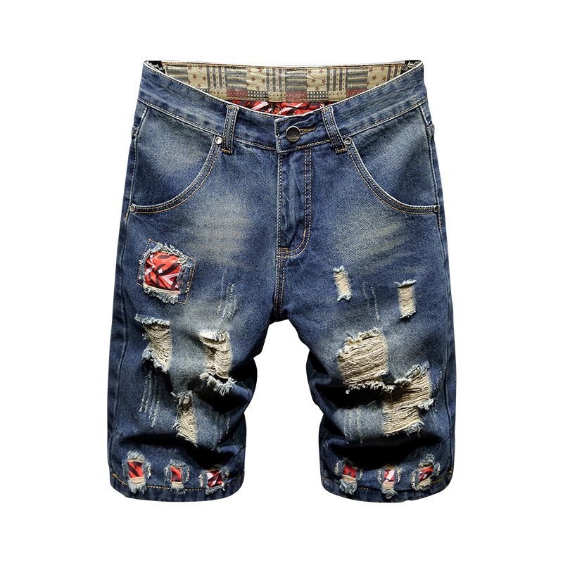 Men's Distressed Denim Shorts With Patch Details, Retro Ripped 5-Pocket Design, Slim Fit Stretchable Cargo Mid-Thigh Shorts For Summer_mkmklike.com