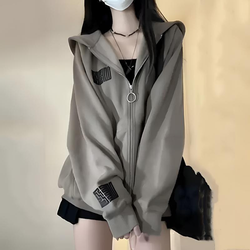 American Retro Trendy Brand Hooded Sweatshirt for Women in Autumn and Winter Oversize Loose Lazy Style Fleece-Lined Zipper Cardigan Jacket
