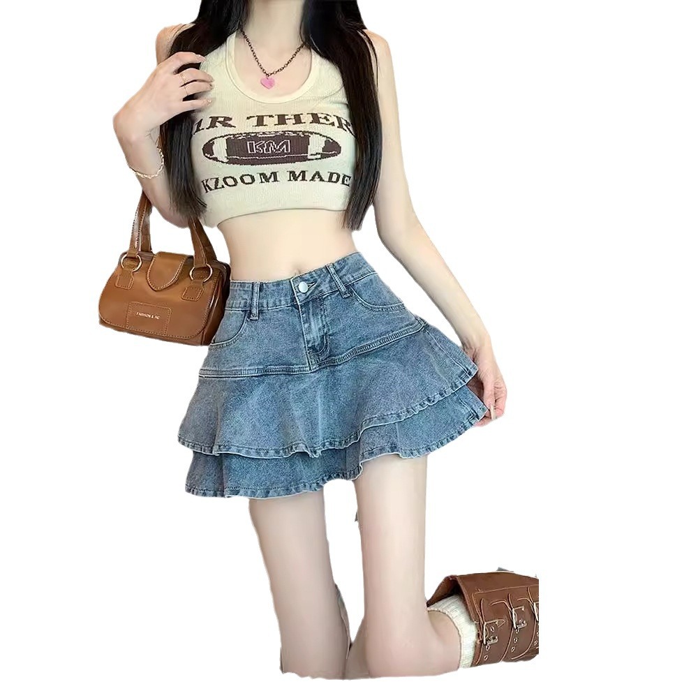 Ruffled Denim Short Skirt Women's Summer High Waist Cake Skirt Slimming Hip A- Shaped Spice Girl's Short Fishtail Skirt