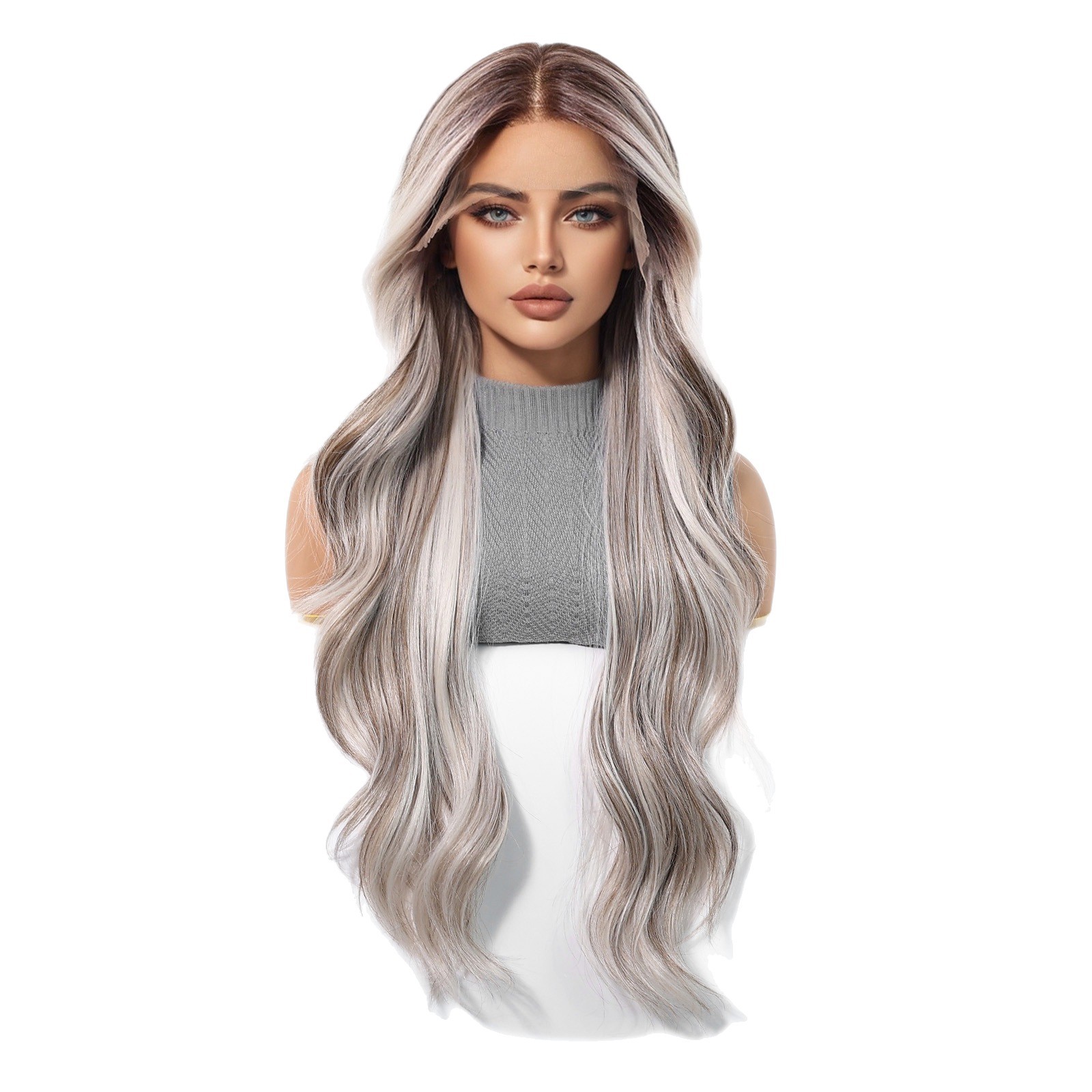 Nuevo producto gradiente gris color popular estilo europeo y americano 13*6 peluca de encaje de área grande costura libre transpirable y cómodo tocado