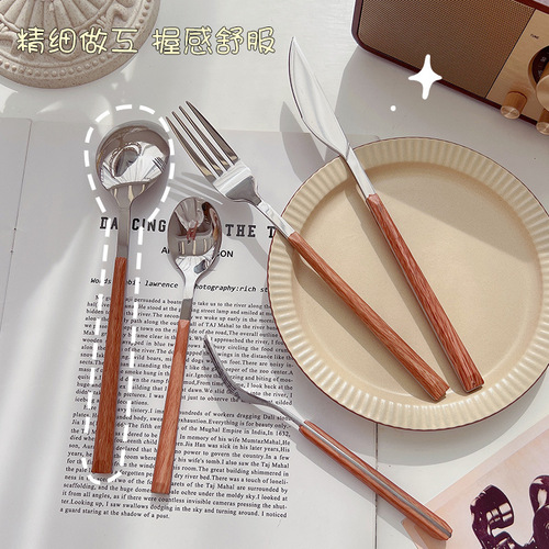 Portable Flat Head Stainless Steel Tableware Creative Student Wooden Handle Household Stainless Steel Spoons Forks Western Steak Knife