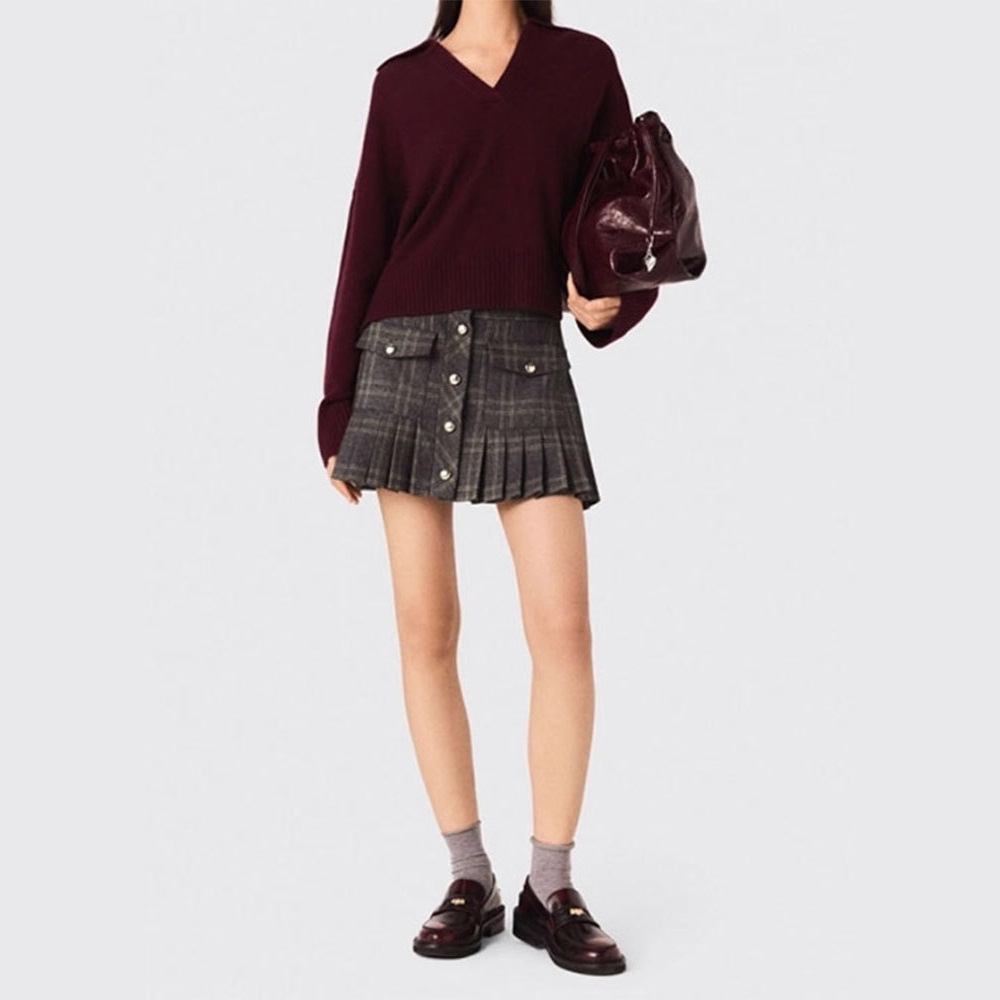 M家秋冬新款美式复古学院甜妹风A字显瘦深灰色格子高腰短裙百褶裙