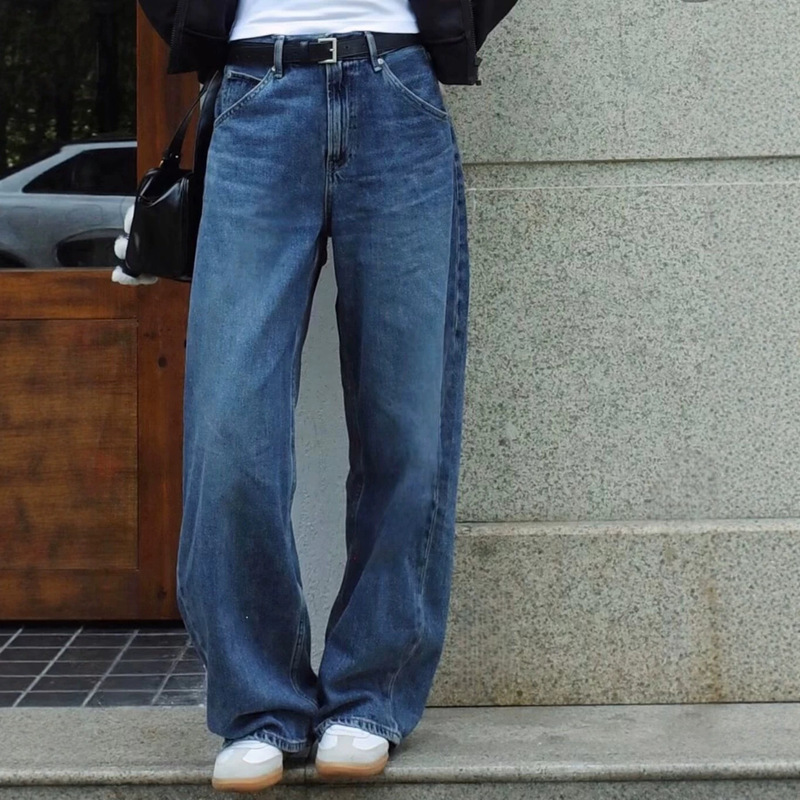 High-waisted washed denim jeans for women, loose-fitting, wide-leg, long pants, spring collection, men's denim jeans / 479000