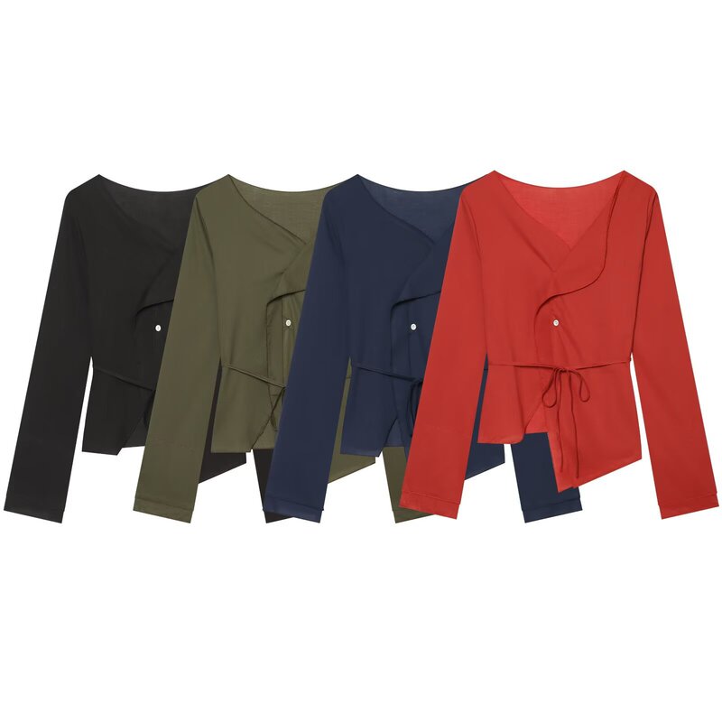 PB&ZA Autumn Vintage Slim-Fit Tie-Waist Diagonal Placket Long-Sleeve Shirt with a Stylish Design, Casual Thin Top for Women PB&ZA Autumn Vintage Slim-Fit Tie-Waist Diagonal Placket Long-Sleeve Shirt with a Stylish Design, Casual Thin Top for Women