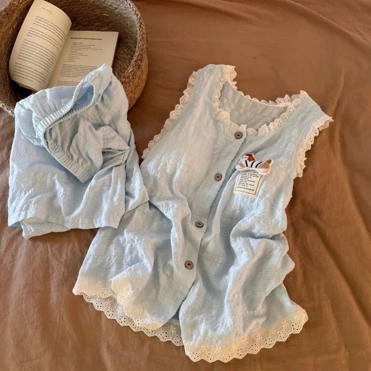 Summer new style two-piece set of tank top and shorts, thin pajamas for women with cup pads, blue plush puppy design, home wear for girls