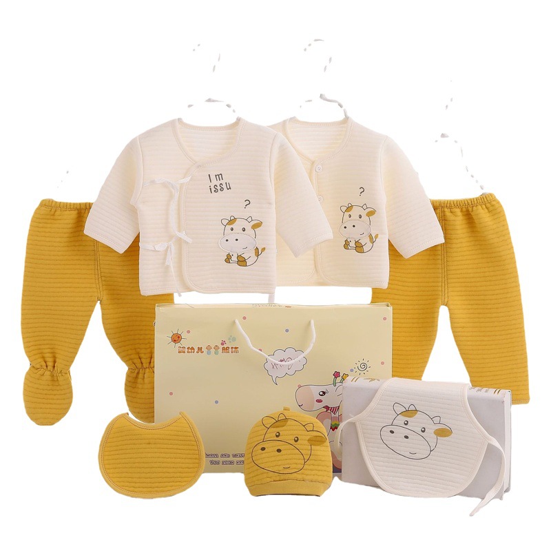 2023 bebé nuevo conjunto de siete piezas de algodón suministro directo de fábrica bebé niño niña de dibujos animados patrón de algodón traje de lana para niños