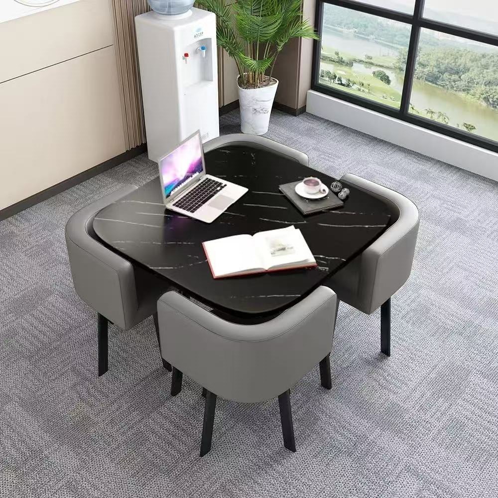 80CM black pattern square table + 4 light gray leather chairs
