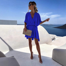 2025夏季跨境新款欧美亚马逊束腰V领爆款女装纯色连衣裙