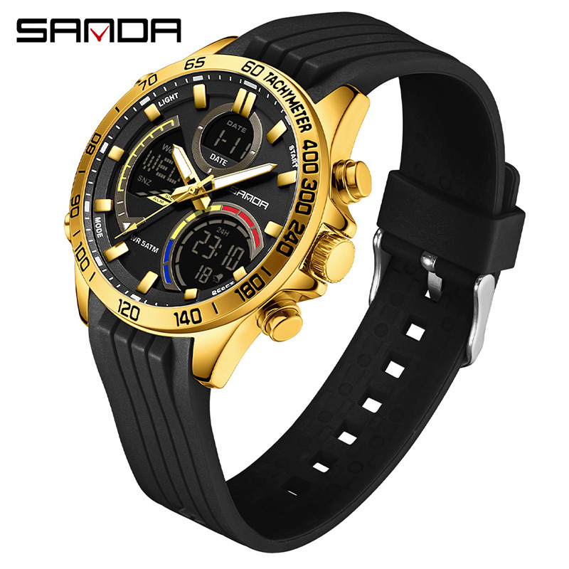 SANDA moda doble pantalla reloj electrónico para hombres multifuncional gran dial reloj de estudiantes de luz nocturna reloj de pulsera