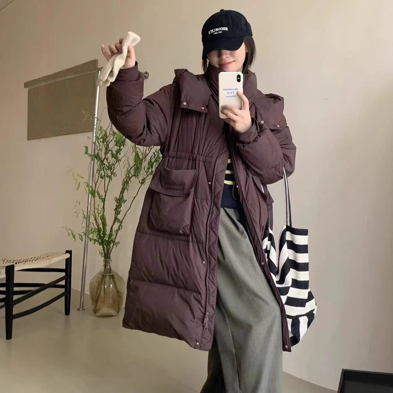 Winter New Long Down Jacket Women's Korean-style Hooded Large Pocket Slimming Simple Warm White Duck Down Jacket Winter New Long Down Jacket Women's Korean-style Hooded Large Pocket Slimming Simple Warm White Duck Down Jacket