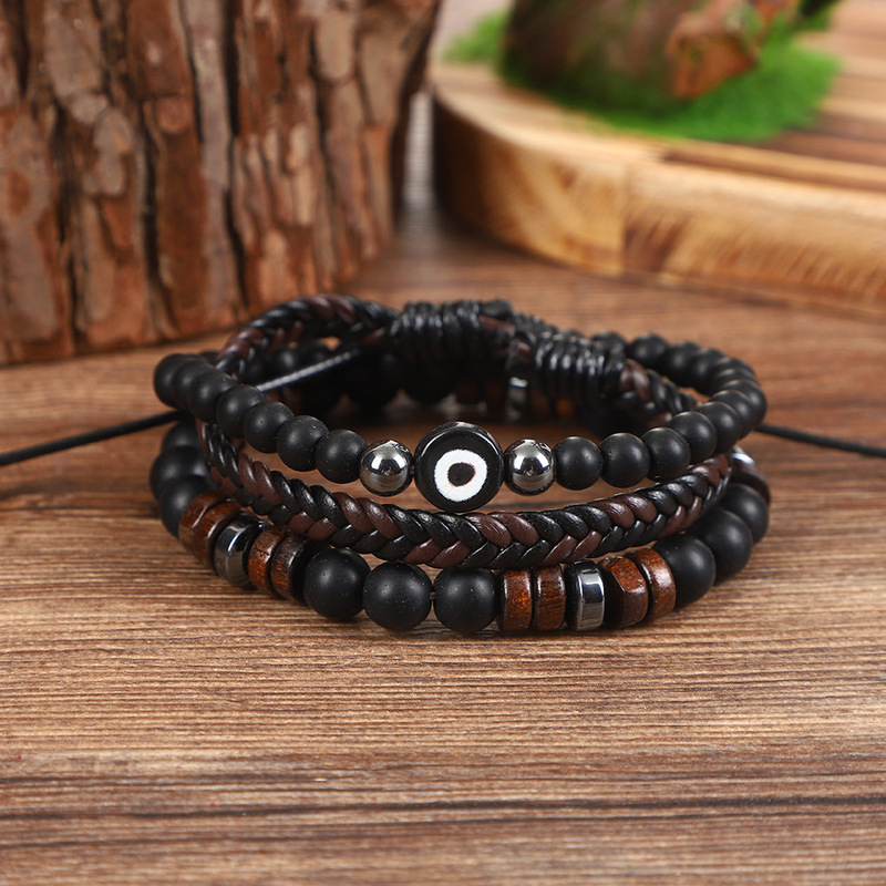 Devil's Eye Black Agate Beads Pu Leather Volcanic Stone Beads Cross Three-Piece Stackable Bracelet Set