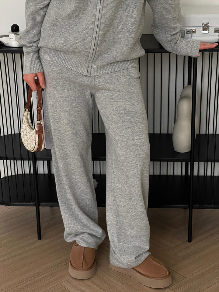 Bộ áo cardigan dệt kim khóa kéo phối quần dài ống rộng nữ — màu bột yến mạch, màu nâu, màu xám, trắng chi tiết 41
