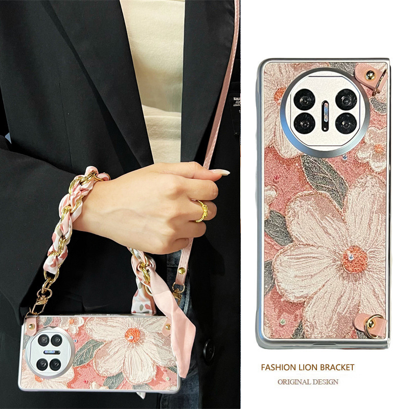 For Huawei Matex5 Mobile Phone Case Folding Crossbody Lanyard Matex3 Flip Matex2 Drop-resistant Mobile Phone Case findN3 High-end Oil Painting Leather Pattern Flower Huawei X5 Silk Scarf Handheld Chain All-inclusive Women
