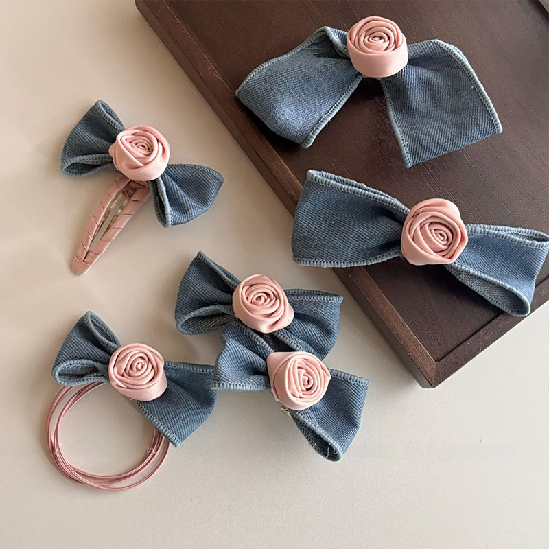 Denim Rose Hairpin Women's Blue Side Hairpin Eight-character Bangs Side Clip Elastic Hairband Hair Rope Hairpin Hair Accessories_voghion.com