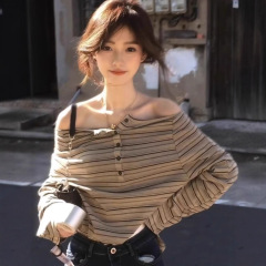 美式复古亨利衫一字肩露肩长袖T恤女春秋季2025新款宽松条纹上衣