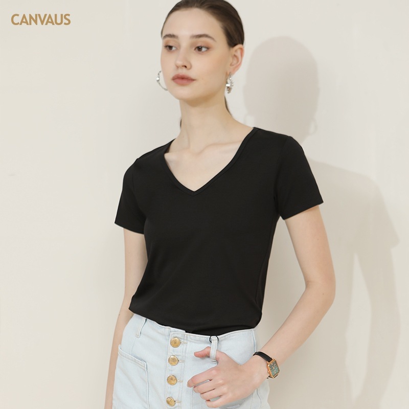 CANVAUS nueva camiseta de manga corta de algodón con cuello en V para mujer slim fit verano Xinjiang algodón textura bottoming camisa moda
