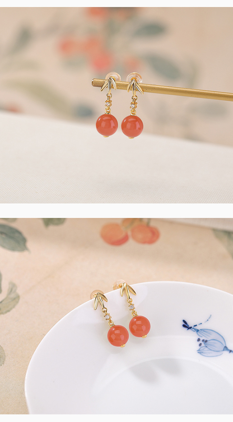 Bông tai nữ bạc S925 mạ vàng đính đá sodalite hình lá tre tròn — Mẫu sapphire chi tiết 5