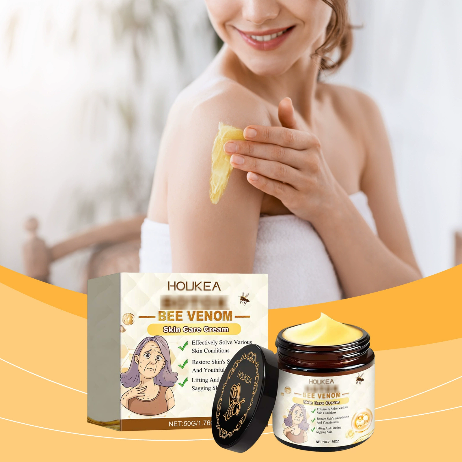 HOUKEA Bee Venom Care Cream Ежедневный уход улучшает эластичность кожи, комфорт и нелипкий крем для ухода.