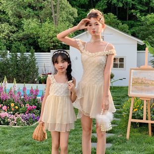 New One-Piece Parent-Child Swimsuit for Mother, Daughter, Girl, Small and Medium-Sized Children, Slimming Look Belly-Covering Princess Swimsuit, Beach Swimsuit