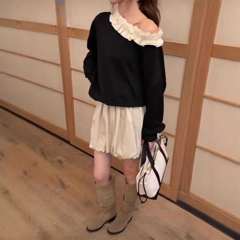 拼接木耳边长袖斜肩套头卫衣女2025早秋新款洋气宽松时尚百搭上衣|undefined